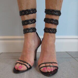 BRUNO MAGLI Black Leather Triple "Chain Link" Ankle Strap High Sandals